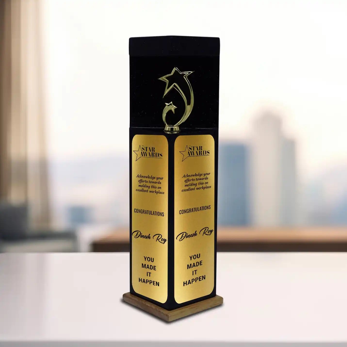 2 Star Black Wooden Block Trophy